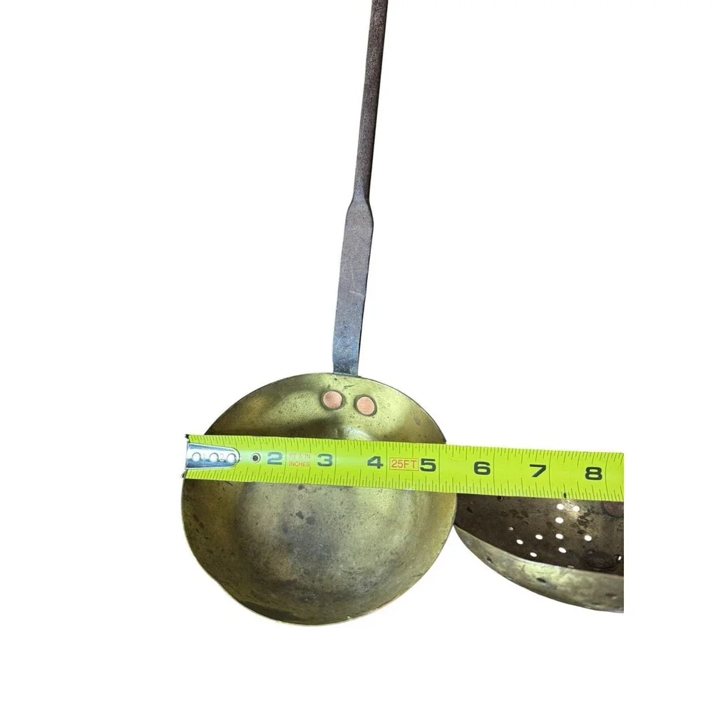 2 Vintage Brass Ladles with Iron Hanging Handles Copper Rivets.  16.5” & 20”